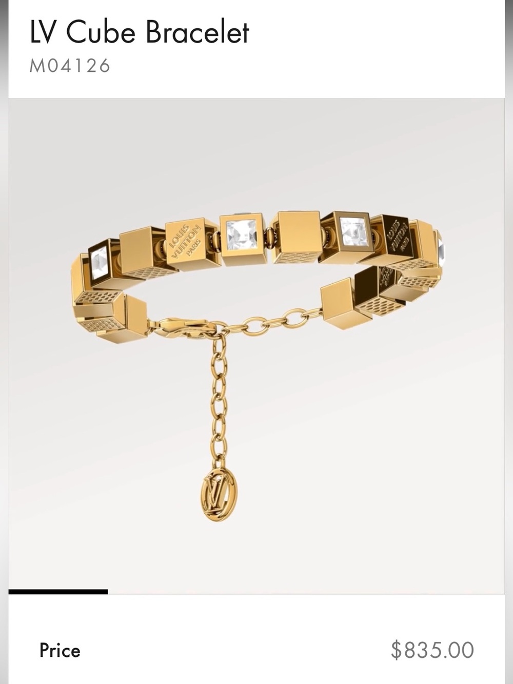 NEW****Louis Vuitton Gold LV Cube Bracelet - Gold with Crystal Accents